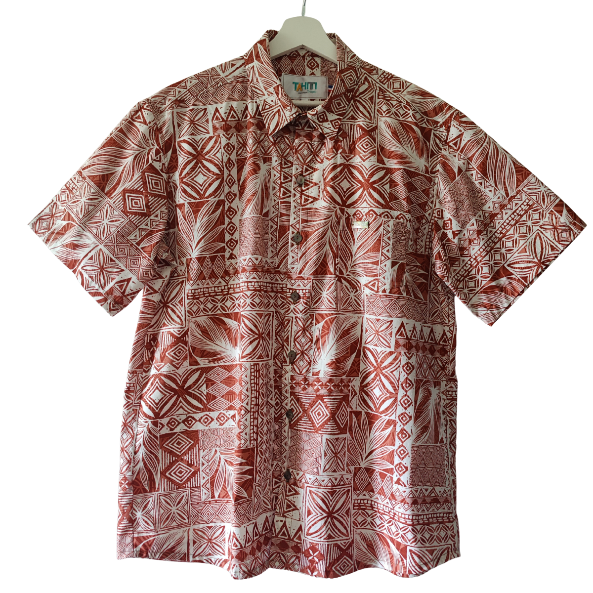 Chemise polynésienne Tévi, tissu et nacres de Tahiti