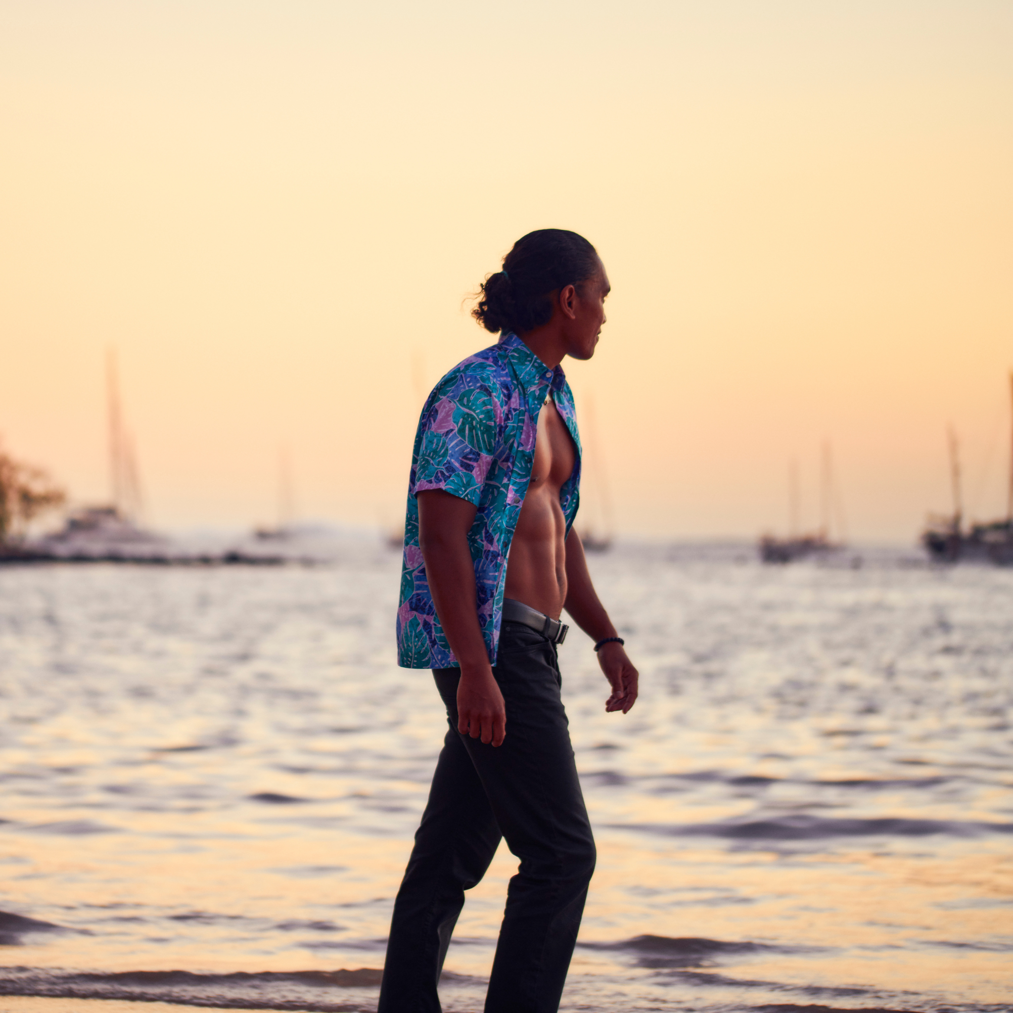 Chemise tahitienne Teri'i Moana, monstera blue