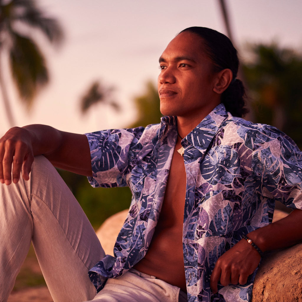 Teri'i Moana - Chemise tahitienne monstera bleu
