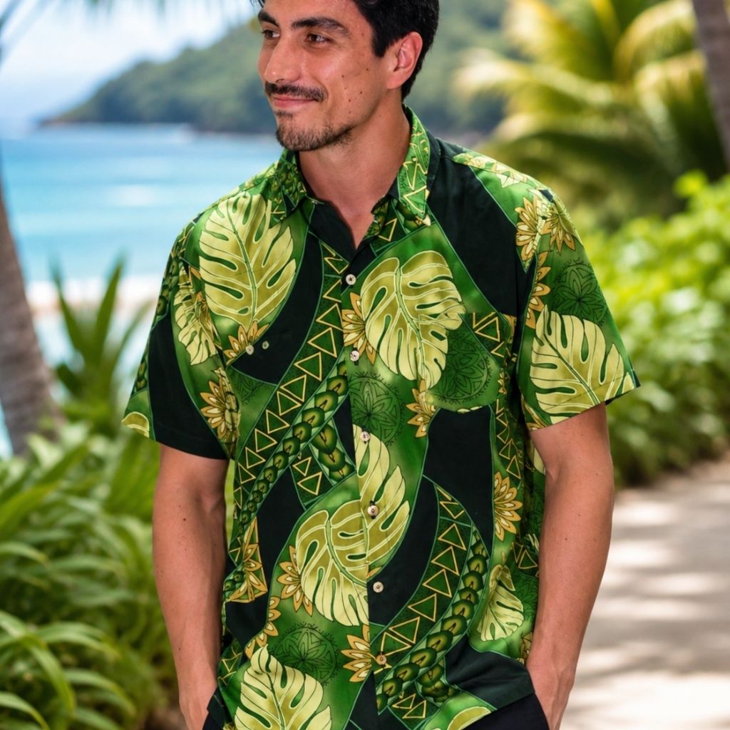 Chemise tahitienne tatouages traditionnels vert Aitonui Natura. Chemise en coton manches courtes, tissu tahitien et boutons en nacre. Edition limitée