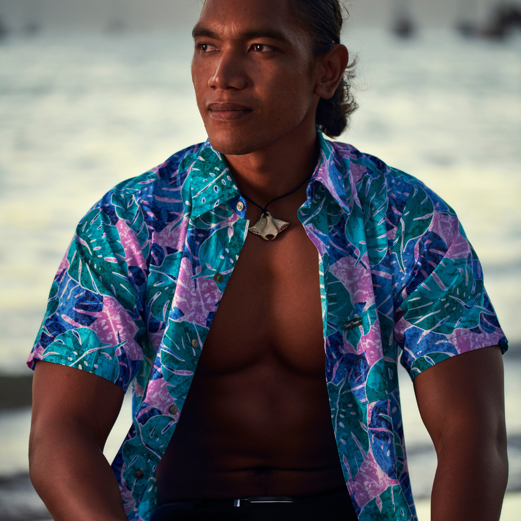 Chemise tahitienne Teri'i Moana, monstera blue