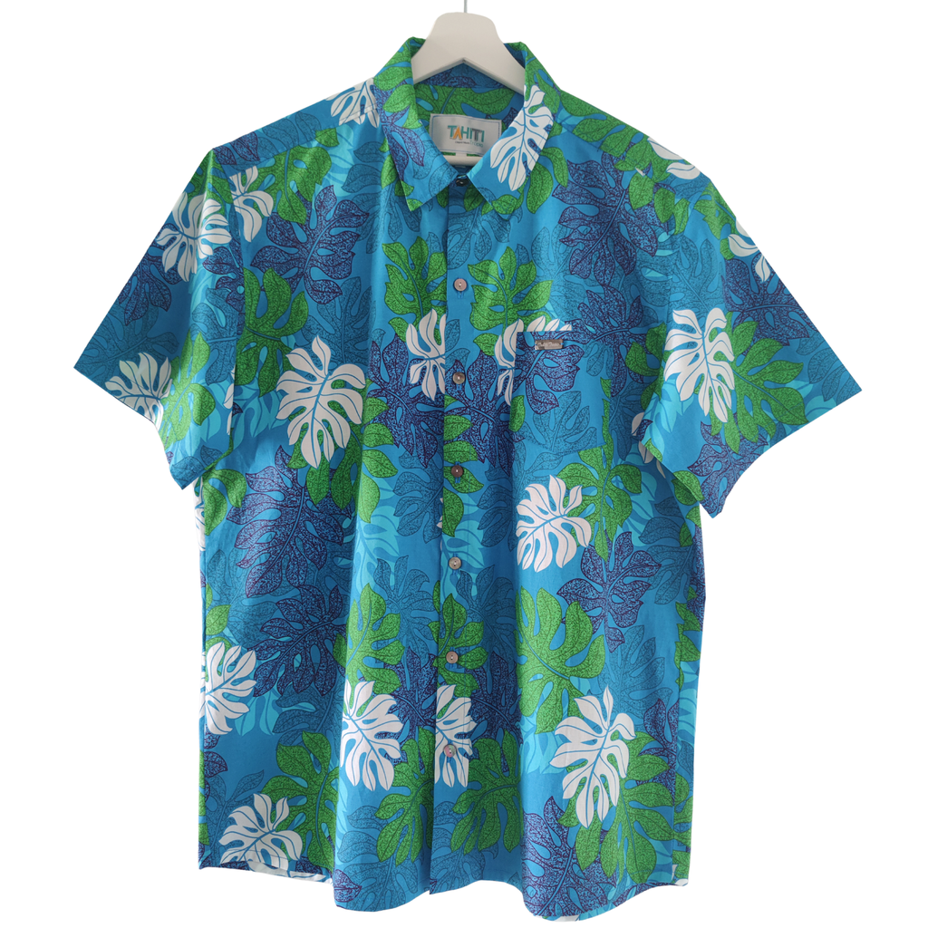 Chemise polynésienne Tiko motif monstera tropical - détail du tissu