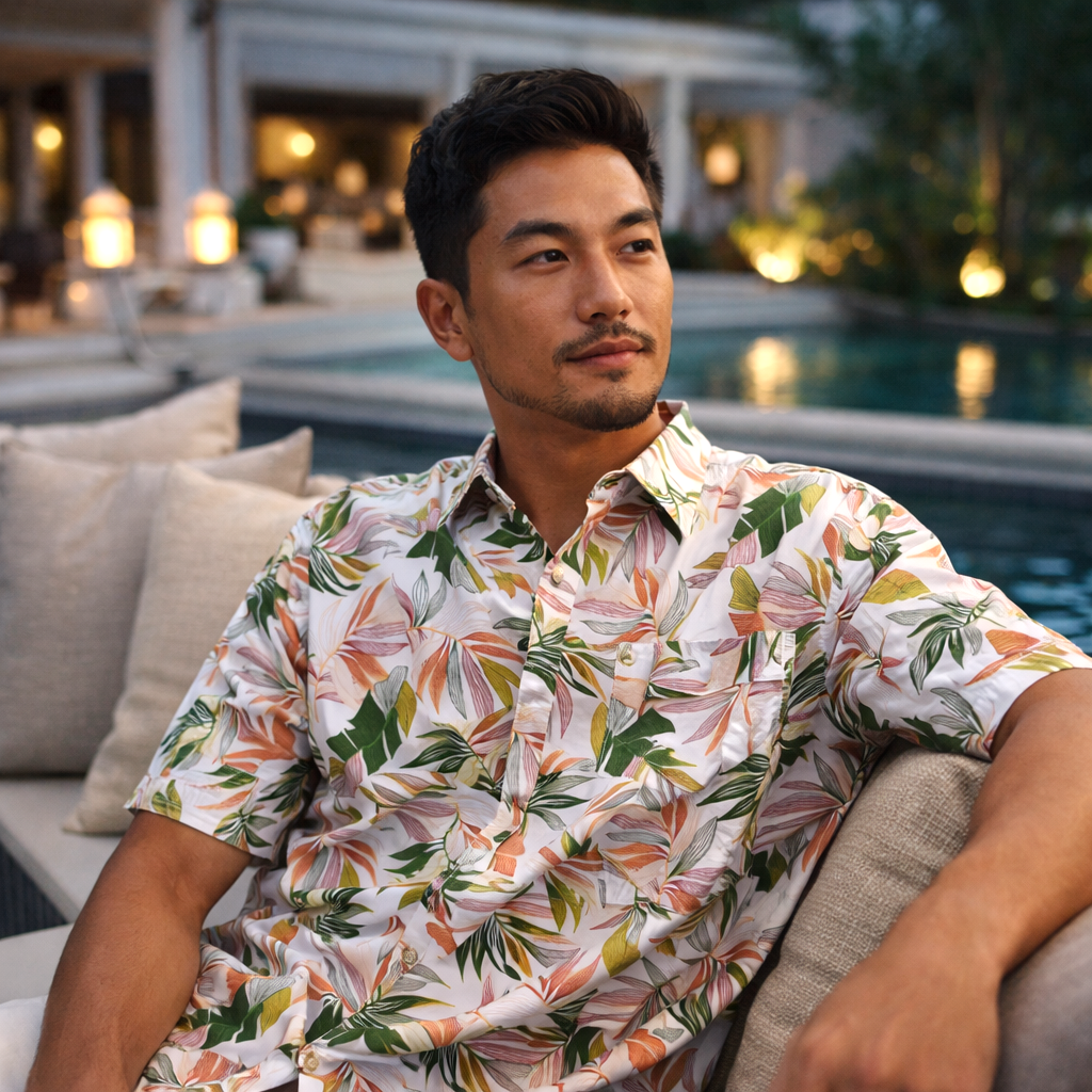 Chemise Polynésienne Homme Haumana blanc, motifs fougères Tahiti