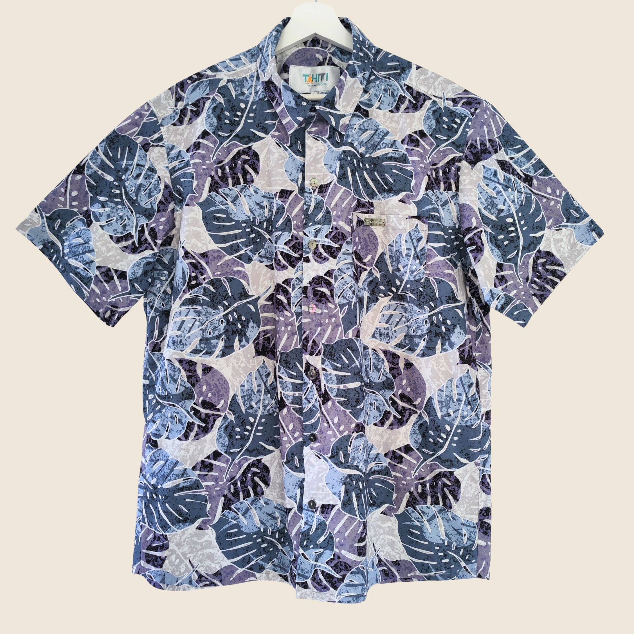 Teri'i Moana - Chemise tahitienne monstera bleu
