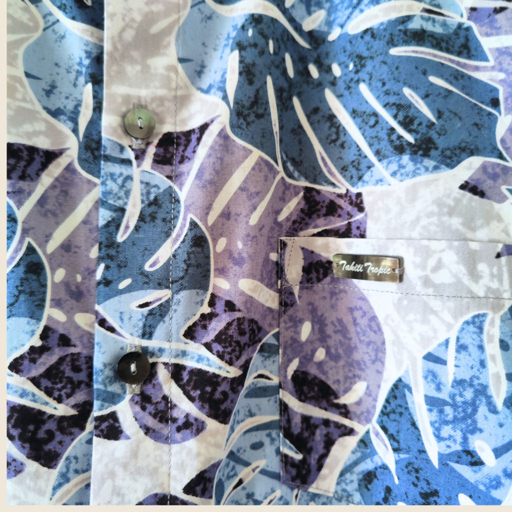 Teri'i Moana - Chemise tahitienne monstera bleu