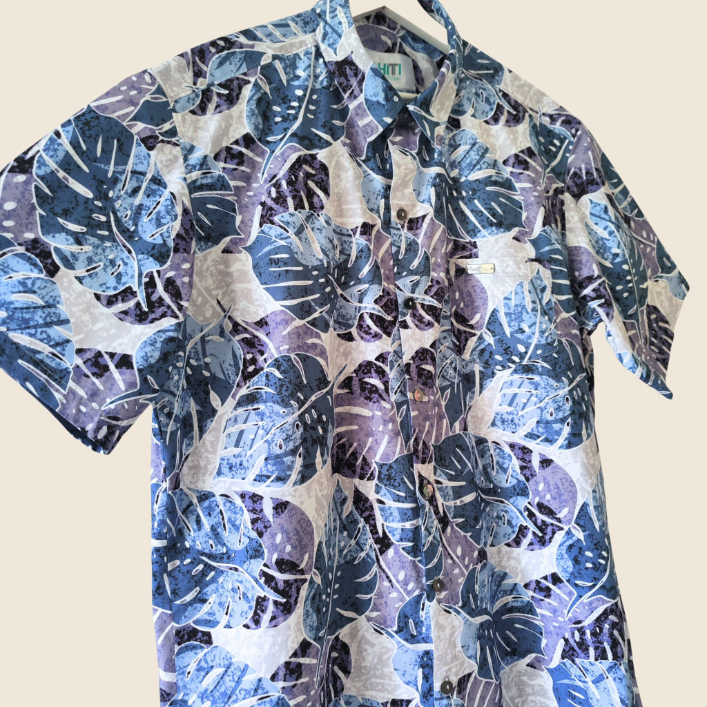Teri'i Moana - Chemise tahitienne monstera bleu