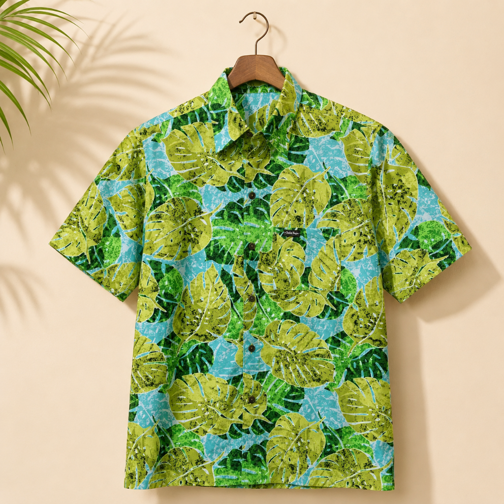 chemise tahitienne monstera vert Terii Natura, logo et boutons en nacre de Tahiti