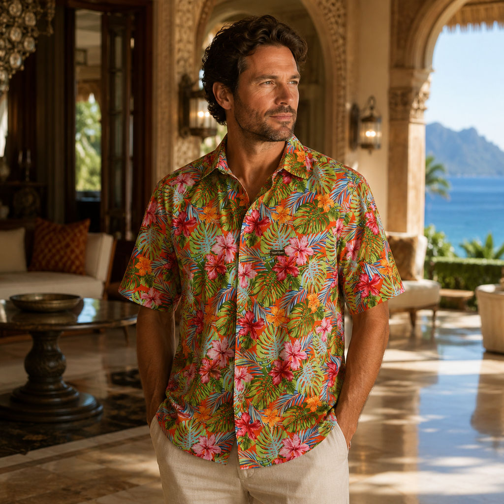 Taaroa Corail- Chemise tahitienne hibiscus fond orange