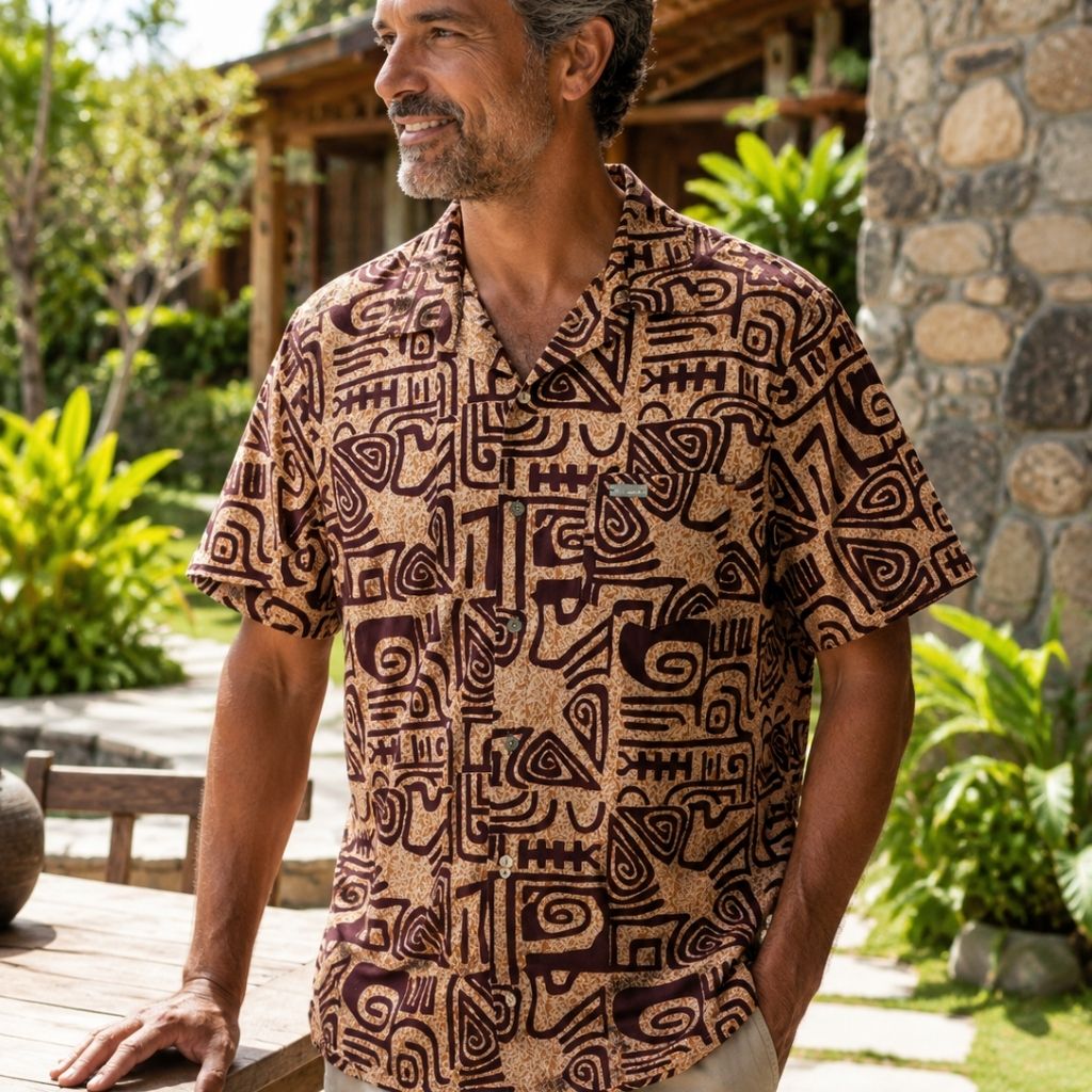 Chemise tahitienne en coton, motifs tatouages traditionnels, marron et beige, portée par un homme sur une terrasse