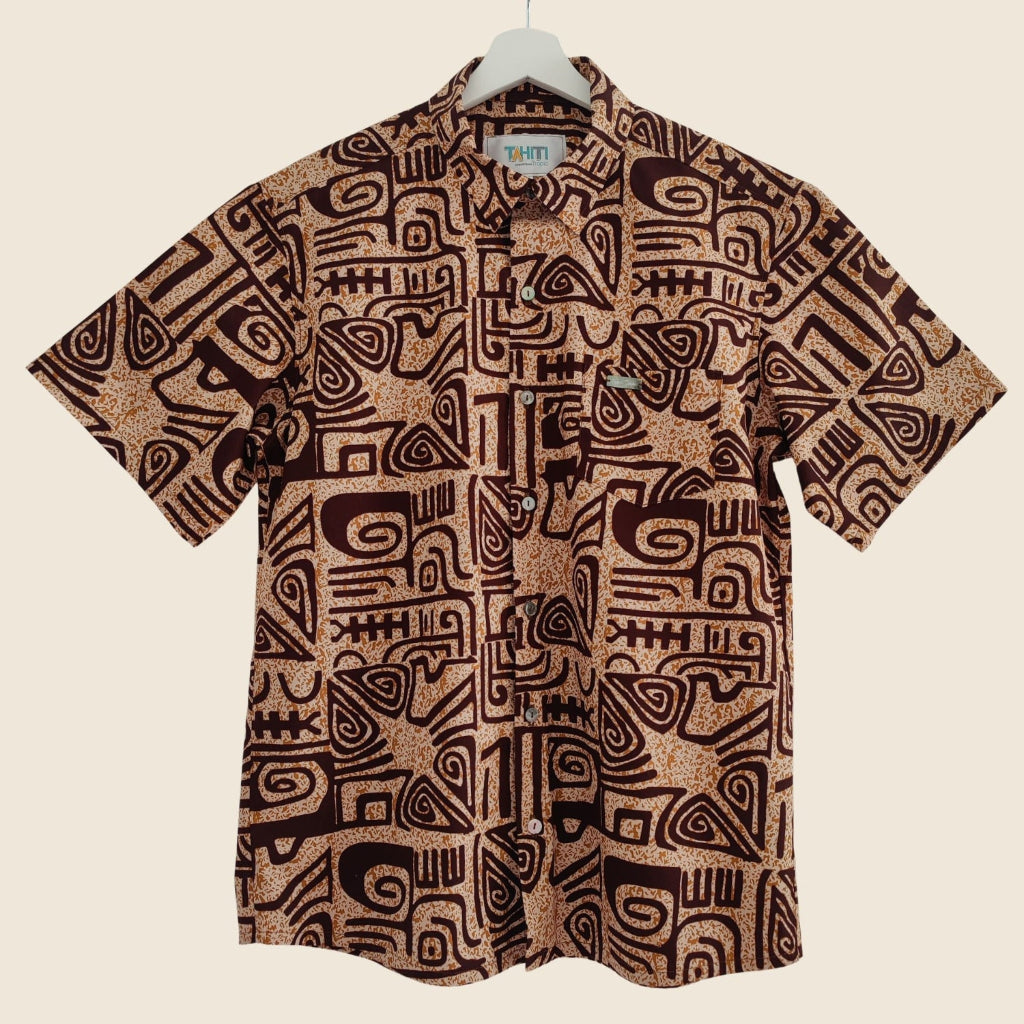 Chemise tahitienne en coton, motifs tatouages traditionnels, marron et beige