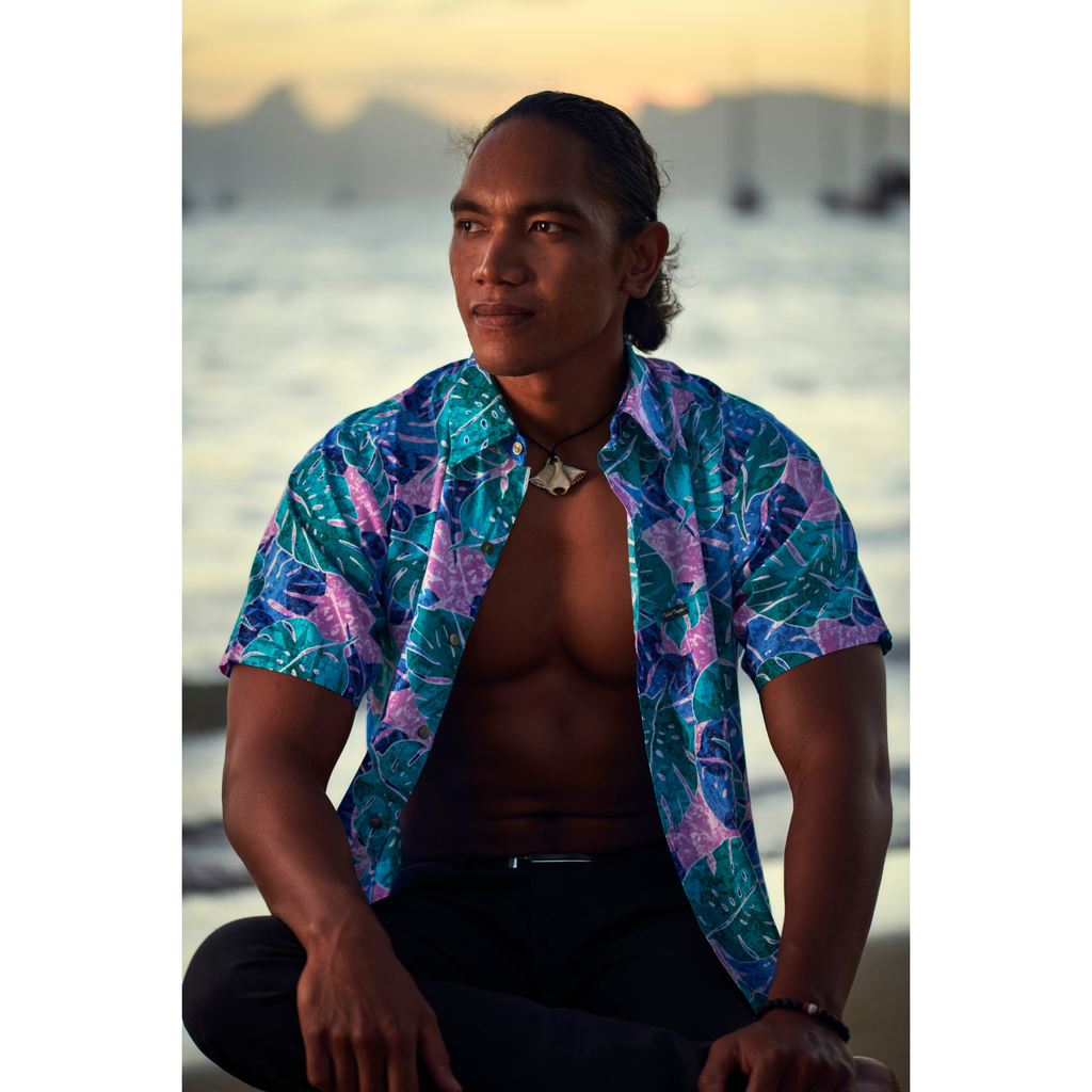 Chemise tahitienne Teri'i Moana, monstera blue