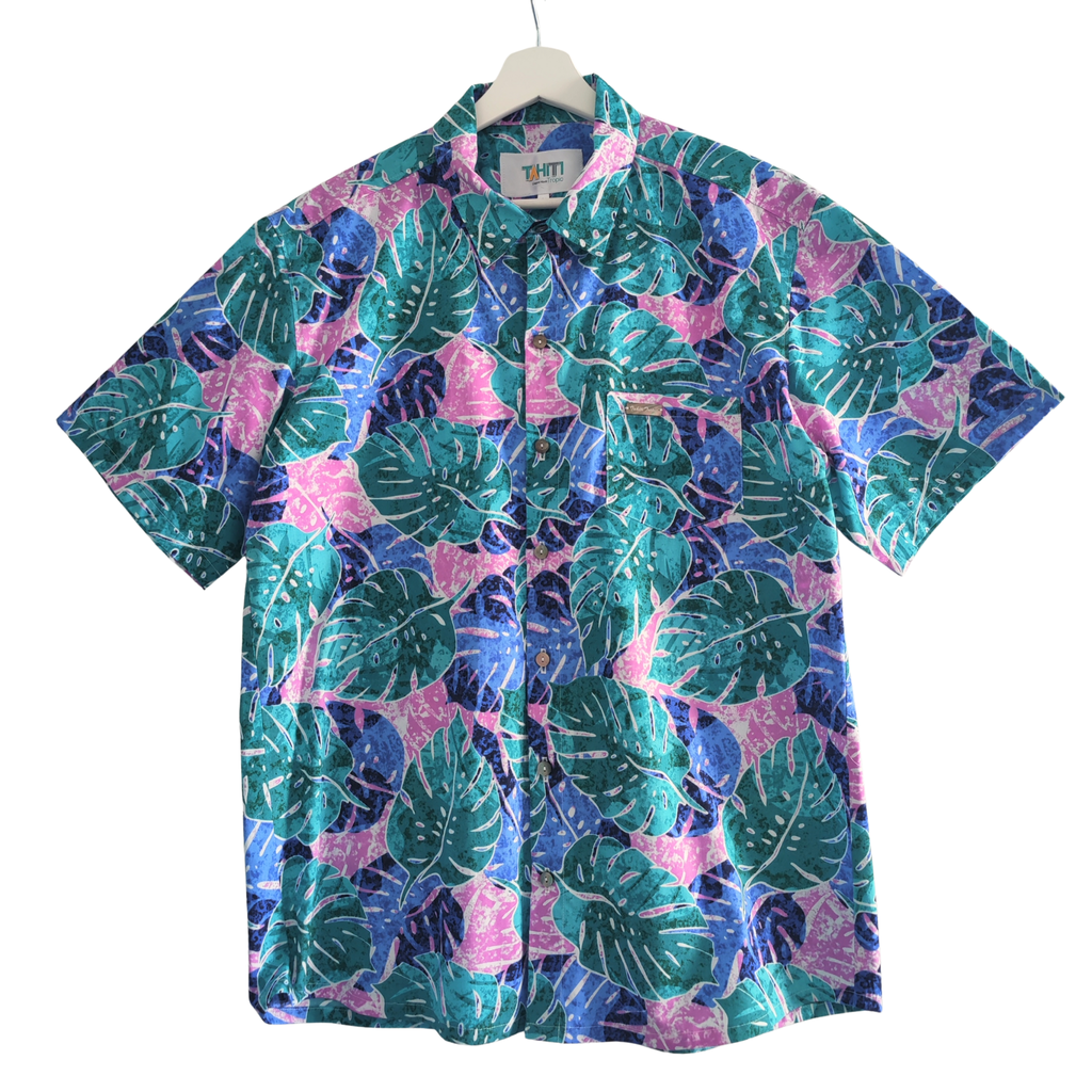 Chemise tahitienne Teri'i Moana, monstera blue