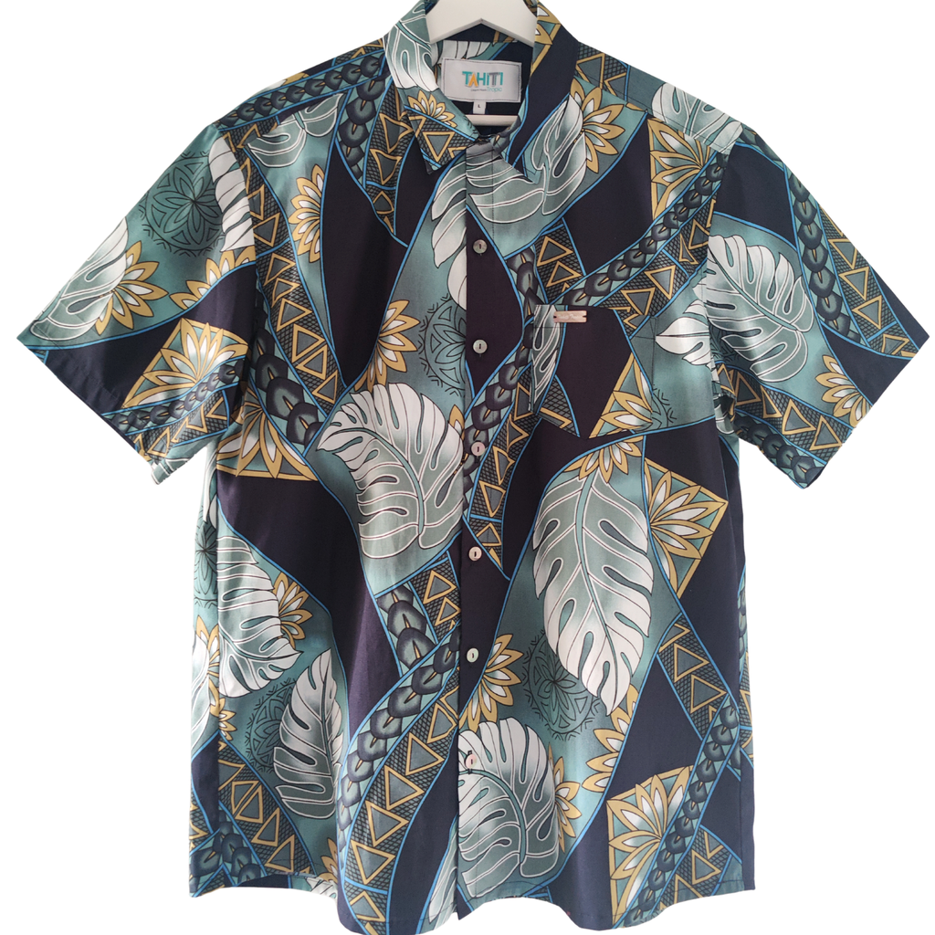 Chemise polynésienne Aitonui, tissu et nacres de Tahiti