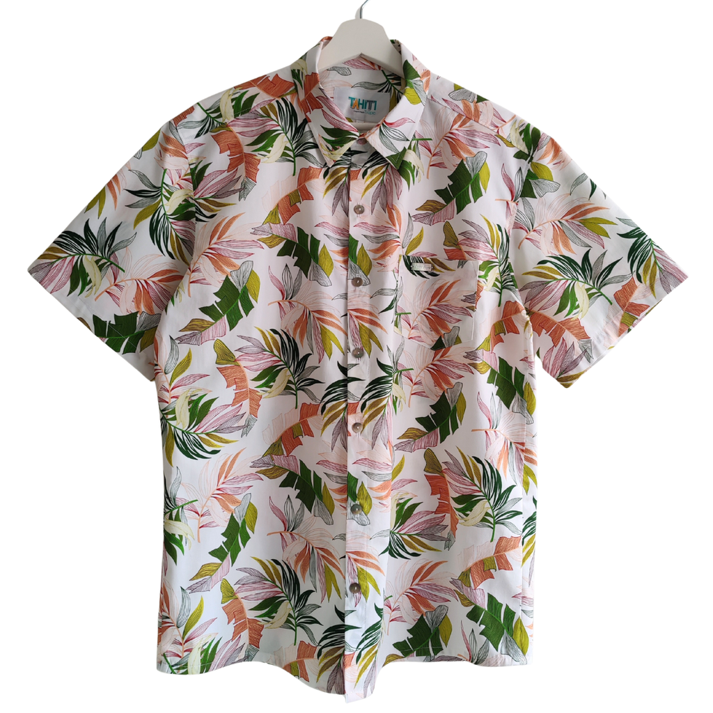 Chemise polynésienne Haumana blanc, fougères des vallées de Tahiti