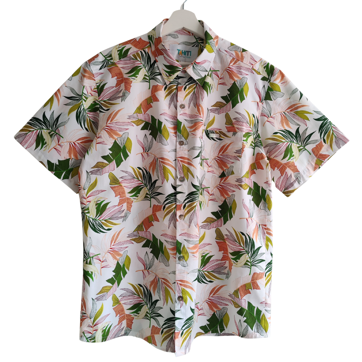Chemise polynésienne Haumana blanc, fougères des vallées de Tahiti