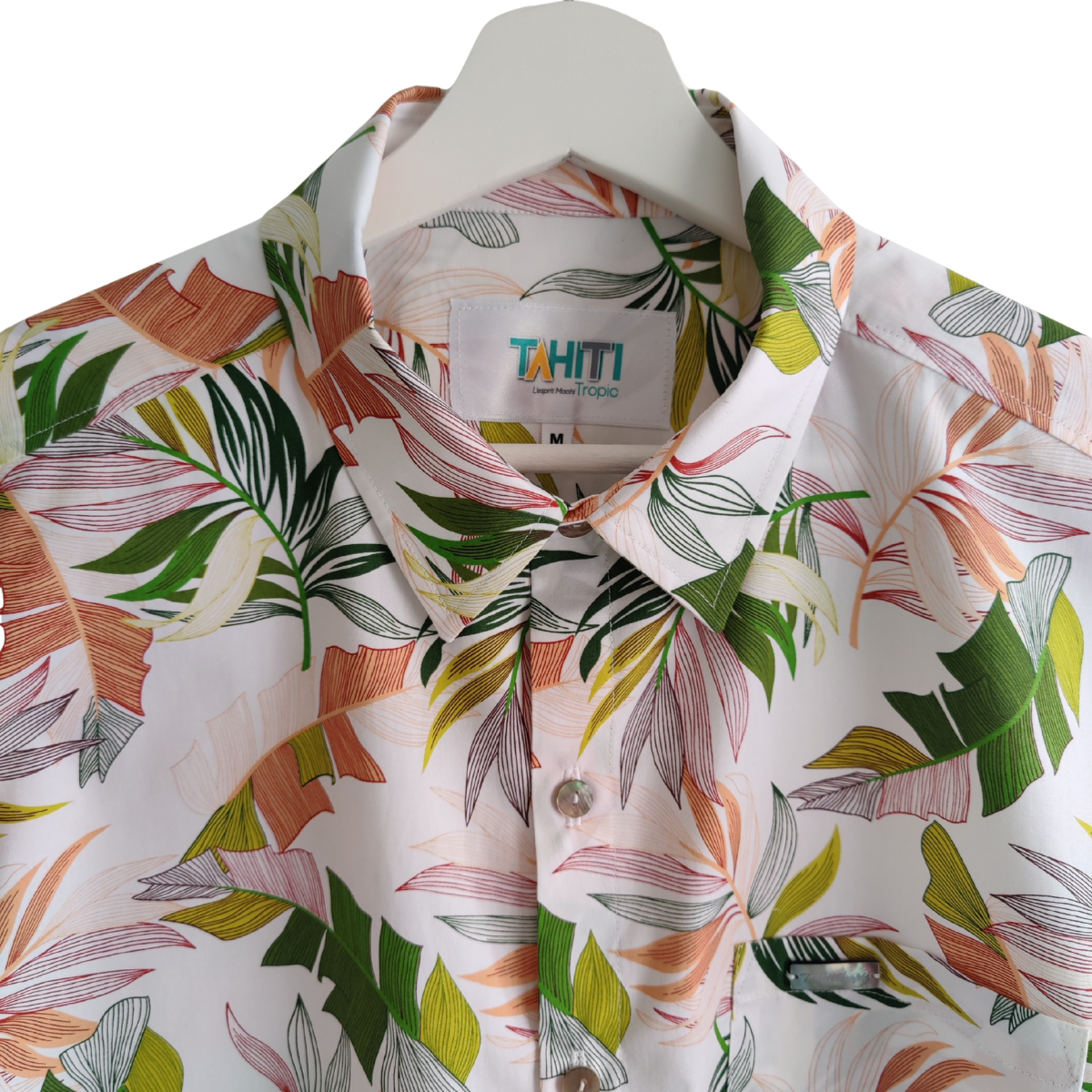 Chemise polynésienne Haumana blanc, fougères des vallées de Tahiti