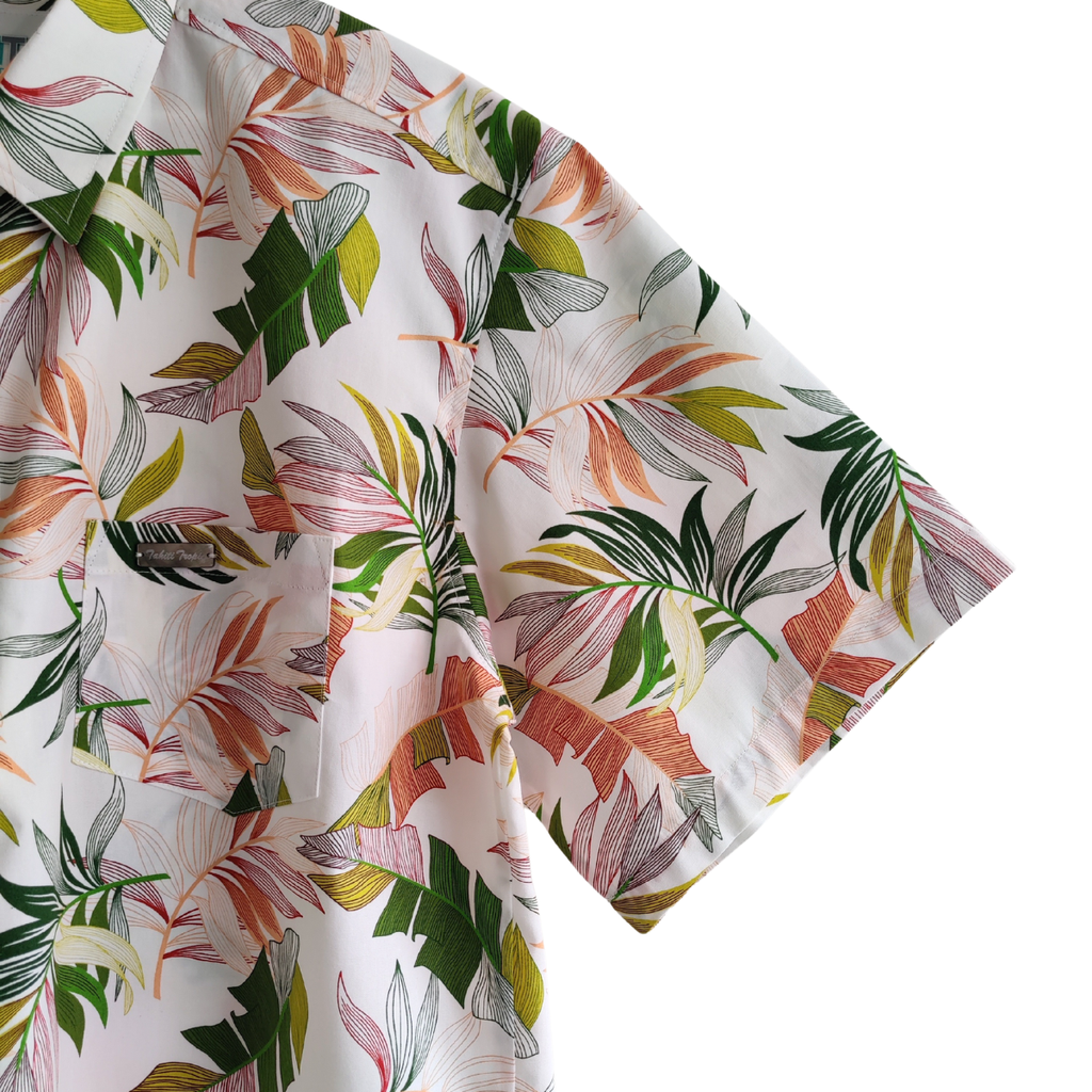 Chemise polynésienne Haumana blanc, fougères des vallées de Tahiti