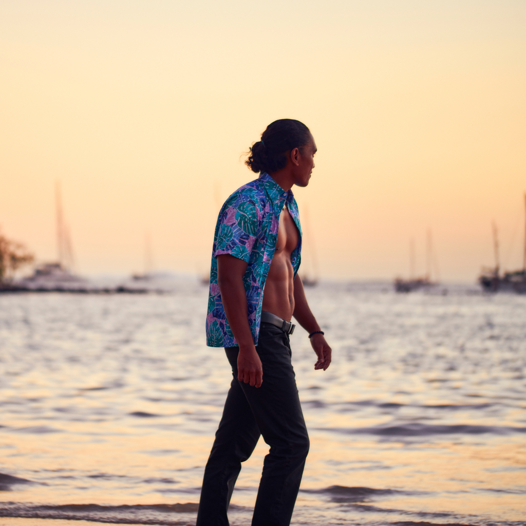 Chemise tahitienne Teri'i Moana, monstera blue